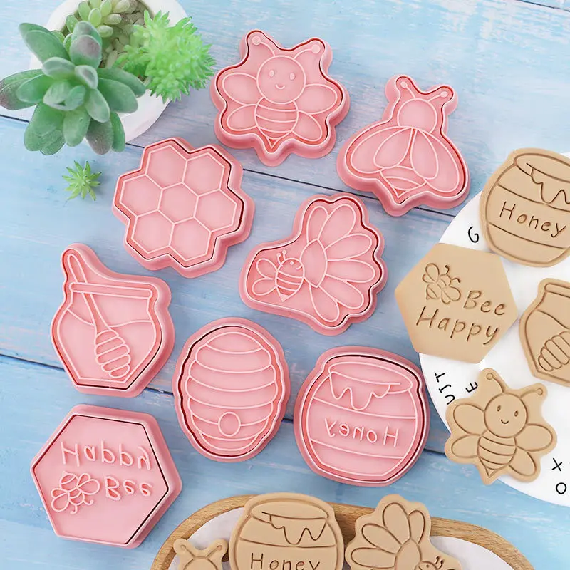 8Pcs/Set Bee Honey Cookie Stamp 3D Hand Pressure Plastic Fondant Cake Decoration Tools Party Dessert Making Biscuit Mold