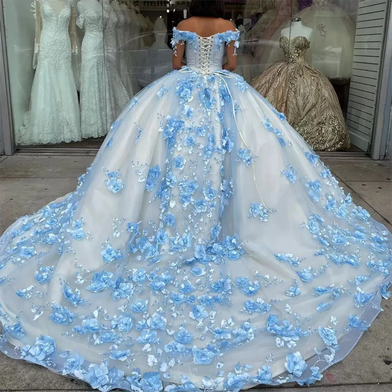 ANGELSBRIDEP-vestido De baile azul para Quinceañera, vestido con hombros descubiertos, 3D, Floral, para fiesta De cumpleaños, baile De Quinceañera