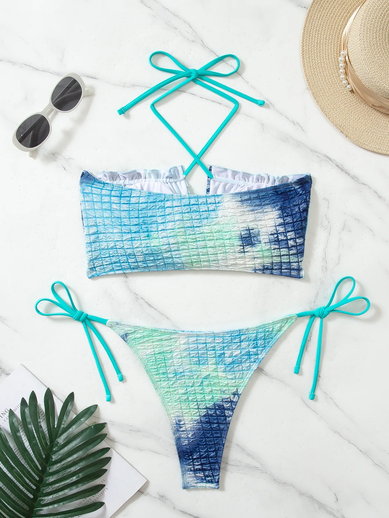 Sexy tie dye print bandeau bikini define duas peças halter enrugado maiô conjunto de biquíni tankini beachwear biquini