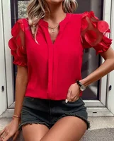 Women's Sexy V-Neck Puff Sleeve Blouse Semi-Sheer Mesh Panels Short Sleeve Summer Top Solid Red Machine Washable for Spring 3