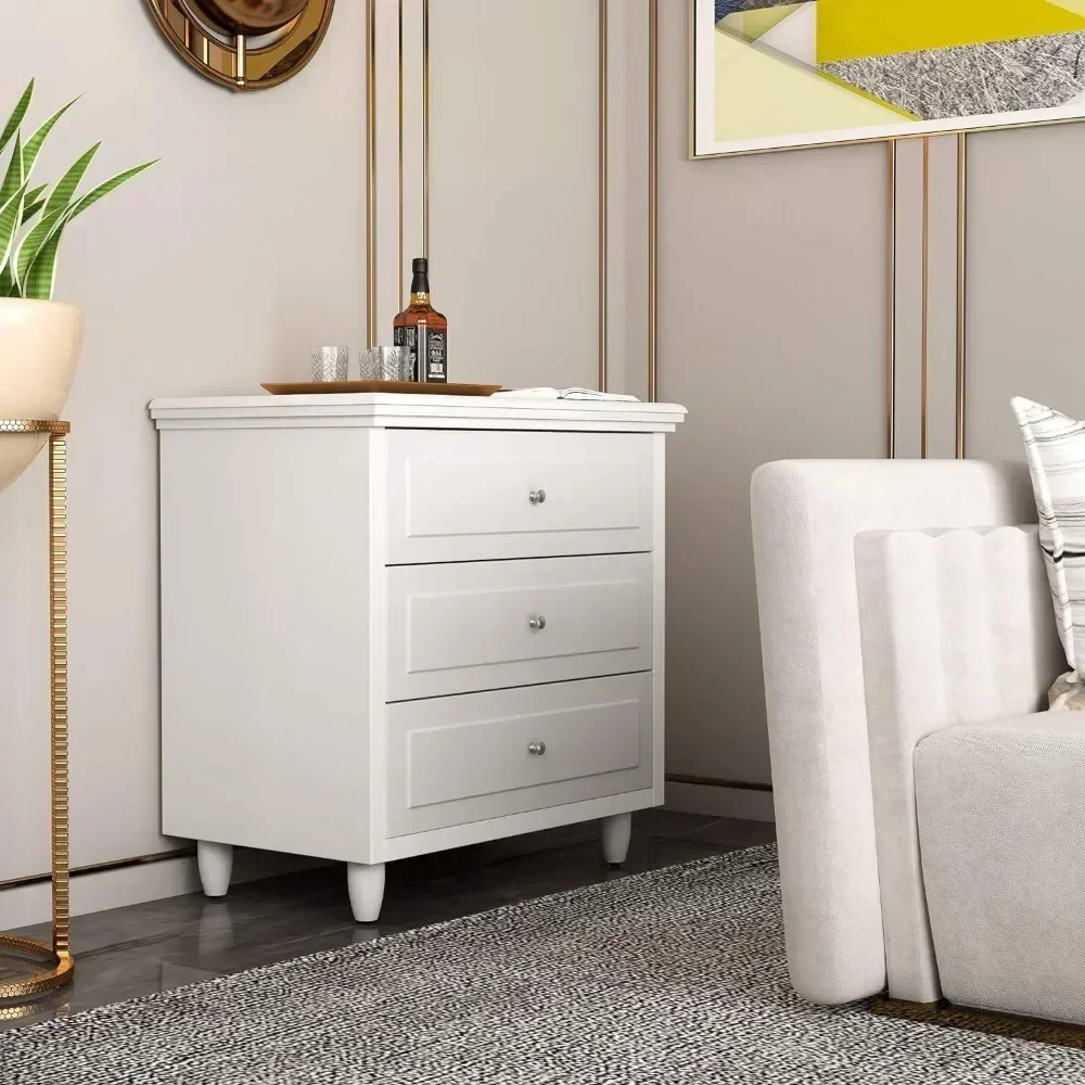 3 Drawer Bedside Table with Wooden Legs, Modern White Drawer Dresser Bedside Table, Perfect for Bedroom, Living Room