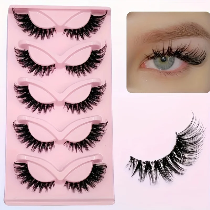 5 pares Pestañas postizas ojo de gato Hipoalergénicas Naturales Largas Manga Con extremos alados Para look de ojos extendido 5