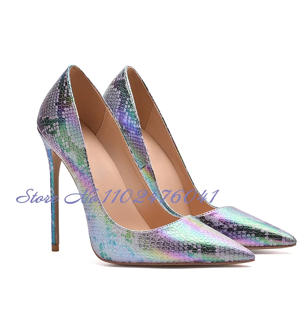 Women Lake Blue Pink Color Ptachwork Snakeskin Wedding Shoes 12cm 10cm 8cm Stiletto Heel Pointed Toe Pumps Shallow Slip-on Shoes