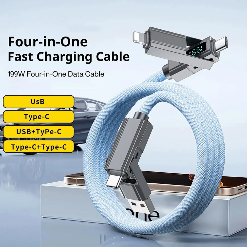 199W 4‑in‑1 Fast Charging Cable LED Display Braided Multi Interface USB Type‑C IOS Data Sync Cord for Phone Laptop