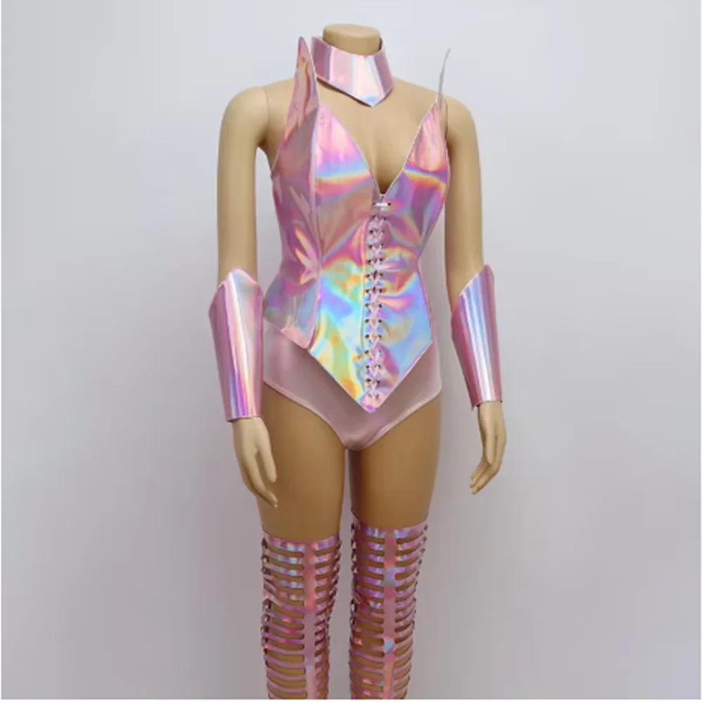 レーザーアーマージャンプスーツゴーゴーショーステージ衣装ドラッグクイーン服ナイトクラブバーカラーズレイブウェアカーニバルファンシーコスチュームピンクyj750