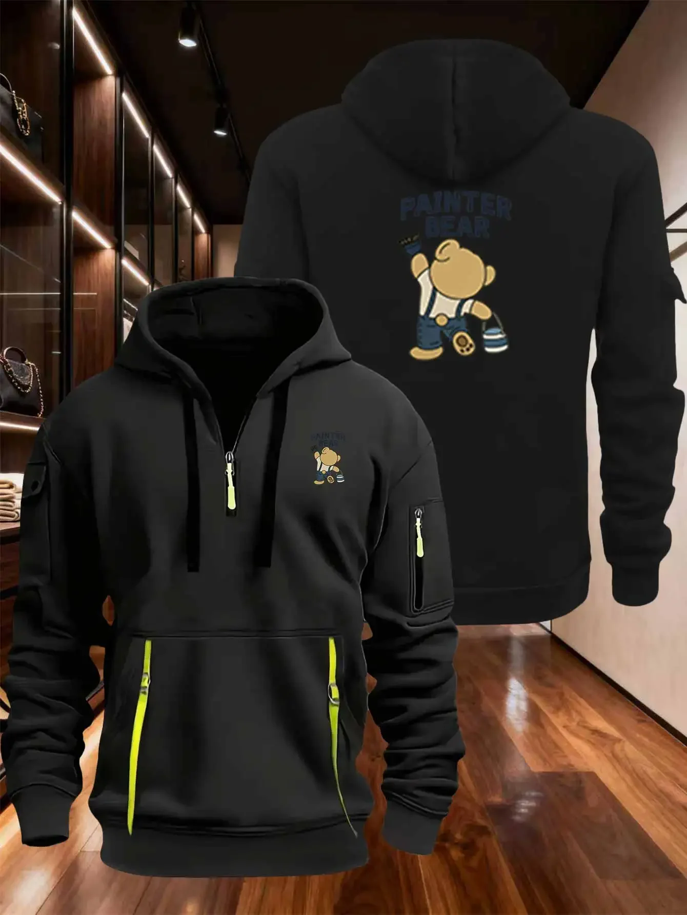 Multi pocket zipper long sleeved men's and women's spring and autumn hoodies cute teddy bear painter pattern printed warm fabric