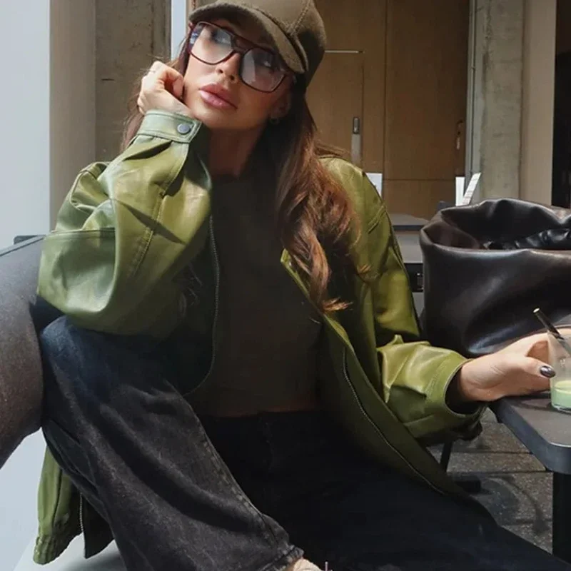 2025 New Autumn Olive Green faux Leather Jacket Coat Silhouette Vintage High Street Zipper Lapel Overcoat Loose Casual Outwear
