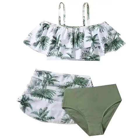 8-12 ปี 3 ชิ้น/เซ็ตพิมพ์ชุดว่ายน้ํา Flounce Top กระโปรงสั้นเด็กหญิงชุดบิกินี่ฤดูร้อน Holiday Beachwear