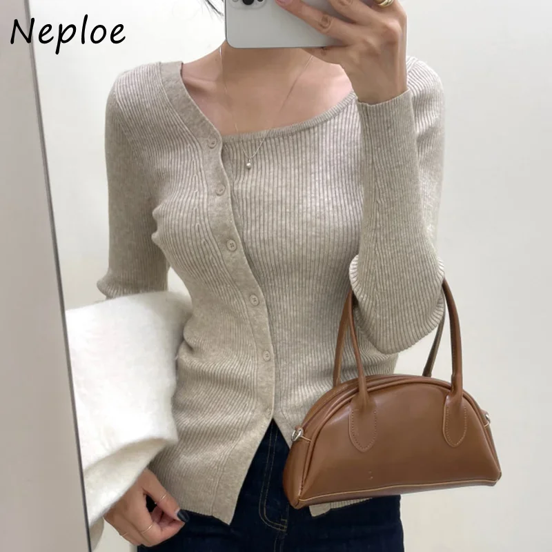 Neploe Square Collar Irregular Solid Color Outerwear Vintage Sweater Women Long Sleeve Single-breasted Slim Cardigan Mujer Y2k