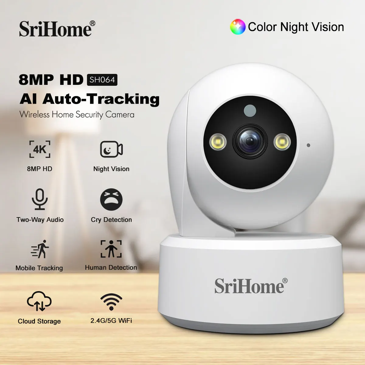 New Srihome 8MP IP WIFI Camera 2.4G&5G WIFI PTZ Surveillance Security HD Baby Monitor Night Vision Indoor Mini PTZ Security CCTV