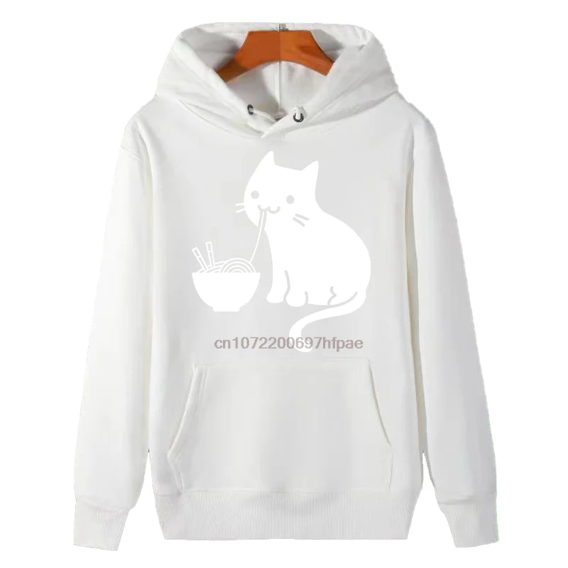 Cute Cat Eating Ramen Noodle Graphic Hoodie Black Pullover Sweatshirt Kangaroo Pocket Casual Unisex Cat Lover Gift Streetwear
