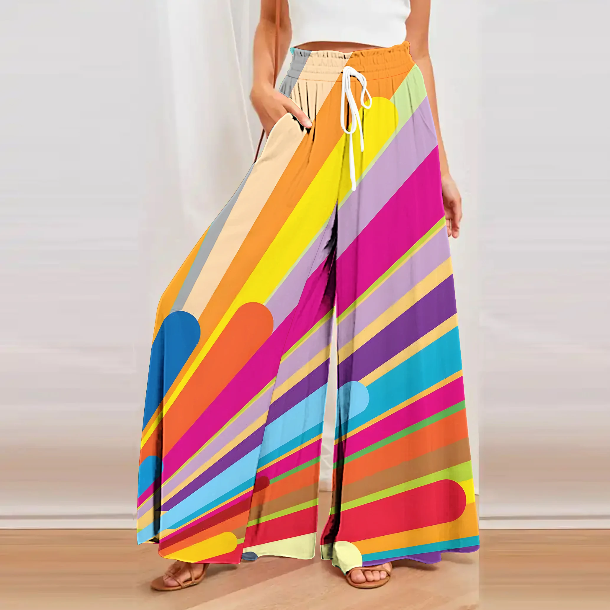 2023 Women's Rainbow Plaid Art Wide Leg Pants 3D Printed Pants Elastic High Waist Modern Trousers Streetwear Design Wide Pants