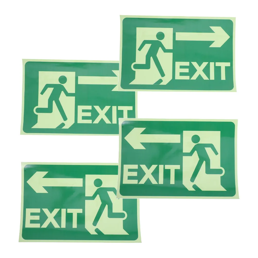 4Pcs Self-Adhesive Emergency Exit Sign Stickers Glow in The Dark Luminous Safety Evacuation Indicator Guide Decal for Indoor