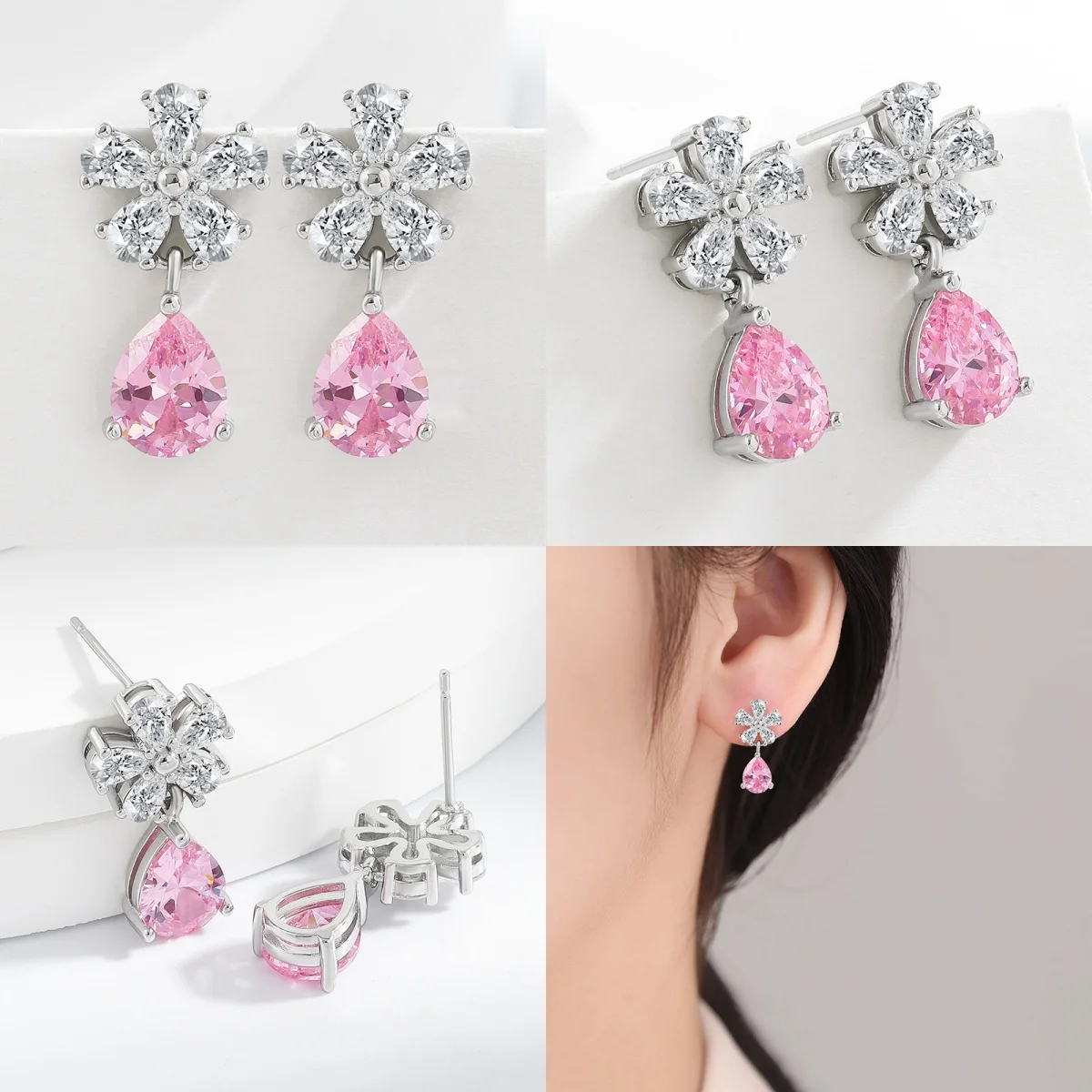 Boucles d'oreilles en argent sterling 925, fleur en cristal, goutte d'eau, diamant rose, design de niche, pour robe de banquet