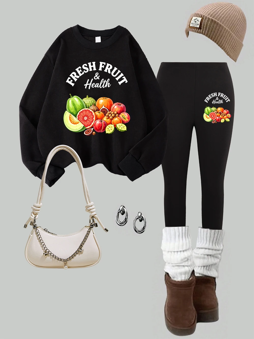 2Pcs Tights Sweatshirt Set Women Colorful Fresh Fruit Health Printed Hoodies Sporty Loose Pocket Tops Autumn Slim Warm Trousers