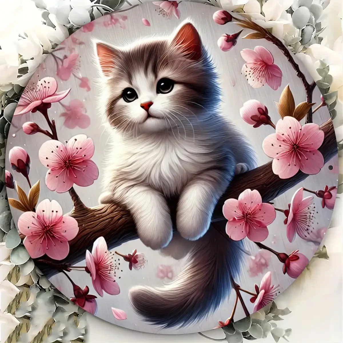 2D flaches, antikes rundes Metallschild aus Eisen – Kirschblütenkatze und Kätzchen mit rosa Blumen, weißes Tabby-Katzen-Design, 2D-gedrucktes Vinta