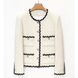 High Quality Luxury Tweed Coat Female French Casual Fashion Basic Round Neck Korea Chic White Small Fragrance Ladies Jacket