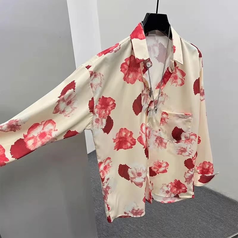 2025 Spring Summer New High-end Niche Retro Print Thin Handsome Shirts Men's Fashion Casual Red Rose Shirt Male Long Sleeve Tops