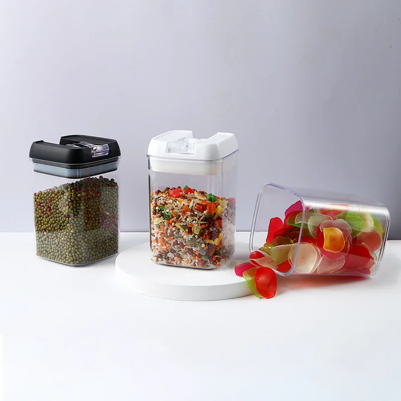 1PC Home Creative Lid Sealed Jar 0.5-1.9L Kitchen Storage Box Transparent Square Fresh-Keeping Grain And Miscellaneous Grain Jar