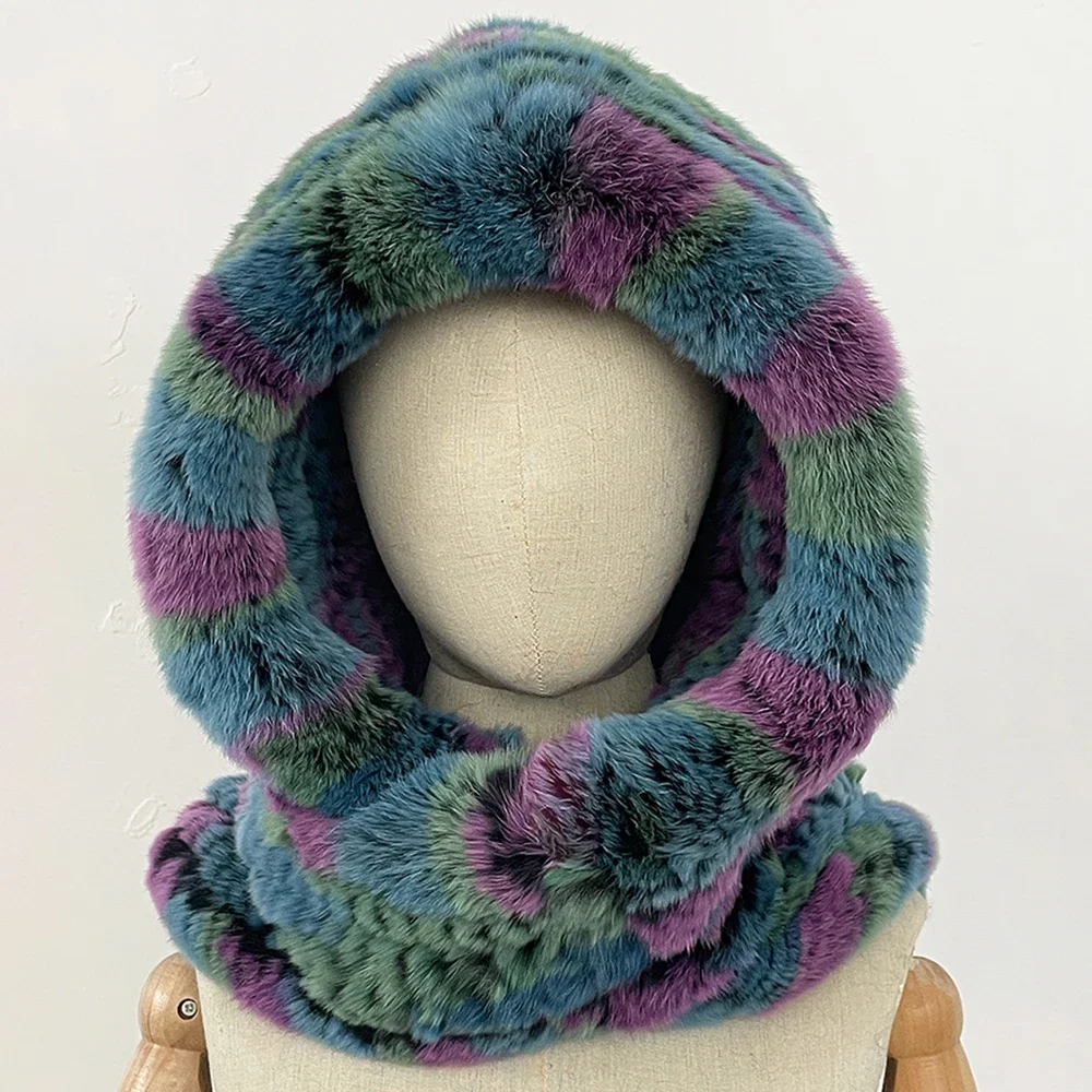 OFTBUY Vendita Calda Reale Lavorato A Maglia Cappello di Pelliccia di Coniglio Rex Sciarpa Con Cappuccio Nuove Donne Lungo Inverno Caldo Cappello di Pelliccia Collo Sciarpe Cappello Sciarpa
