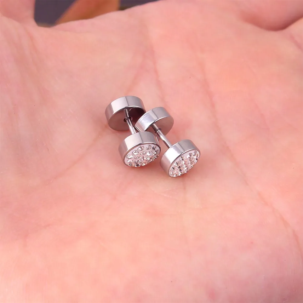 1pair Fashionable Cubic Zirconia Inlaid Stainless Steel Dumbbell Men\'s Stud Earrings