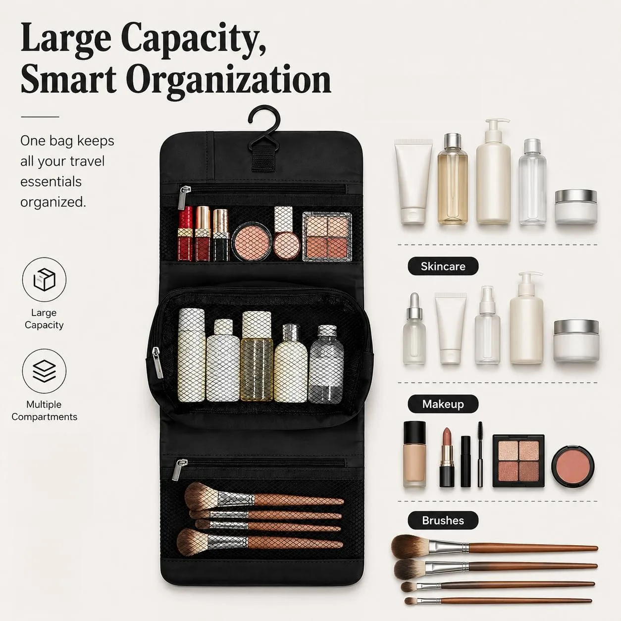 Portable Hanging Travel Makeup Bag with Detachable Mesh Pocket, Foldable Hook Design for Toiletries Storage Box