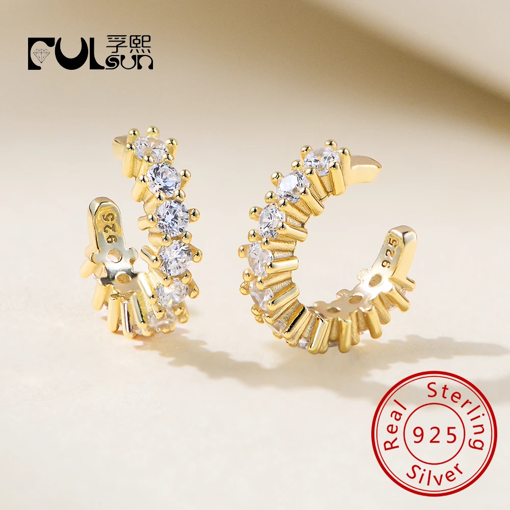 

Серьги-клипсы без пирсинга из стерлингового серебра 925 пробы с геометрическим узором и позолотой 14 карат для девочек, серьги-клипсы с кубическим цирконом и одним манжетом