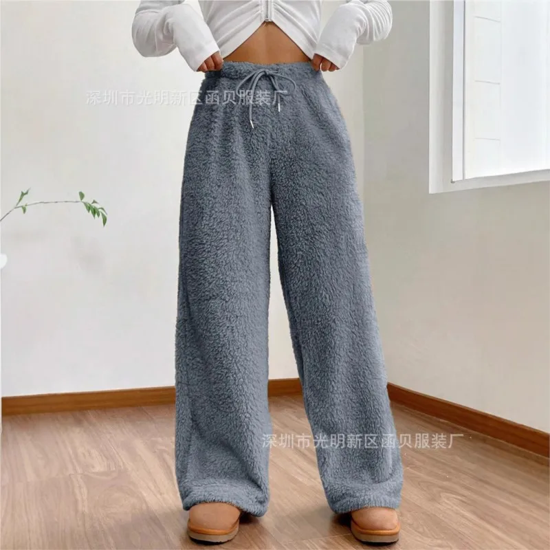 여성용 다용도 따뜻한 홈 팬츠 가을 겨울 플러시 드로스트링 와이드 레그 루즈 솔리드 컬러 바지