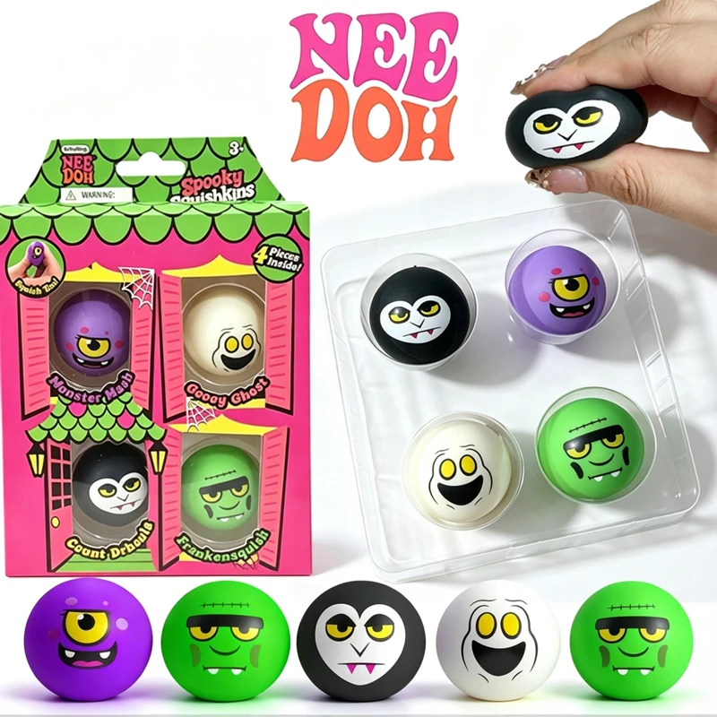 Needoh Mini Spooky Squishkins 4 Pack Squeeze Ball Halloween Ghost Vampire Monster Relief Tension Soothe Mood Portable Pocket Toy
