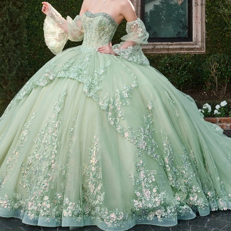 

Mint Green Ball Gown Quinceanera Dresses Off The Shoulder Sequined Appliques Lace Beading Tull Tassel Vestidos De 15 Años Sweet