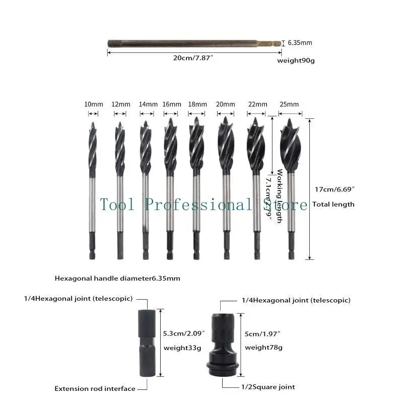 57QF Set 11 punte per coclea per flauto 10-25 mm 1/4 pollice Punta per coclea con codolo esagonale