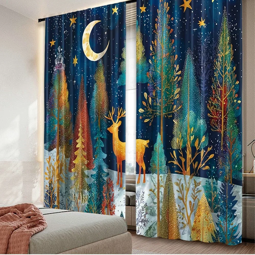 

2D плоская печать, 2 шт., вечерние оконные шторы, Рождественский ночной лес, полиэстеровые шторы с цифровой печатью, украшение для семейной вечеринки