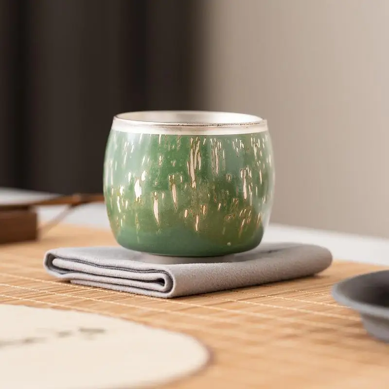 

Handmade Ceramic Tea Cup Japanese Style Single Cup Vintage Host Tea Bowl Bamboo Forest Listening to Rain Silver Color