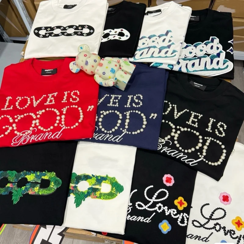 

Летние повседневные уличные футболки GOODBRAND ALLDAY, хлопковые футболки высокого качества с вышивкой бисером, горячая дрель с логотипом, мужские и женские топы с короткими рукавами