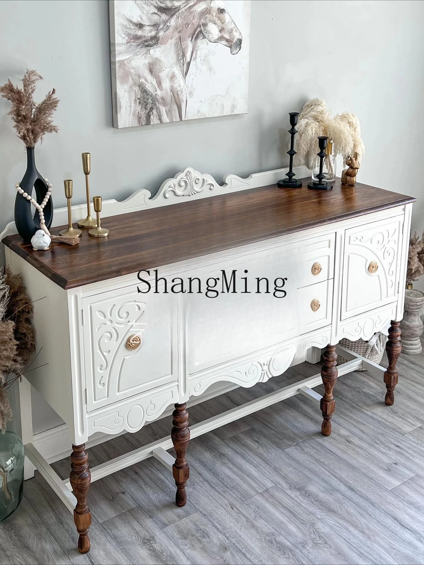 

FG modern simple solid wood carved furniture retro white porch cabinets, living room decorative cabinets