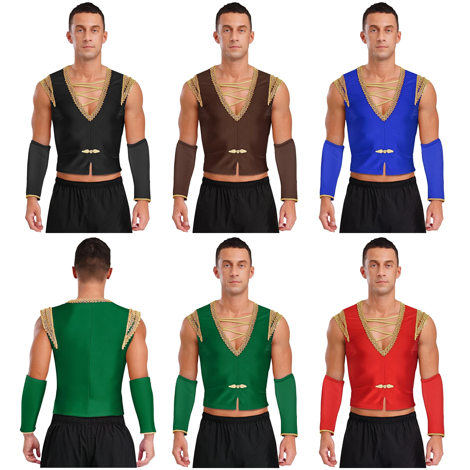 Mens Ballet Prince Dance Costume Sleeves V Neck Gold Trim Frog Button Vest Waistcoat with Sleeves for Halloween Medieval Cosplay