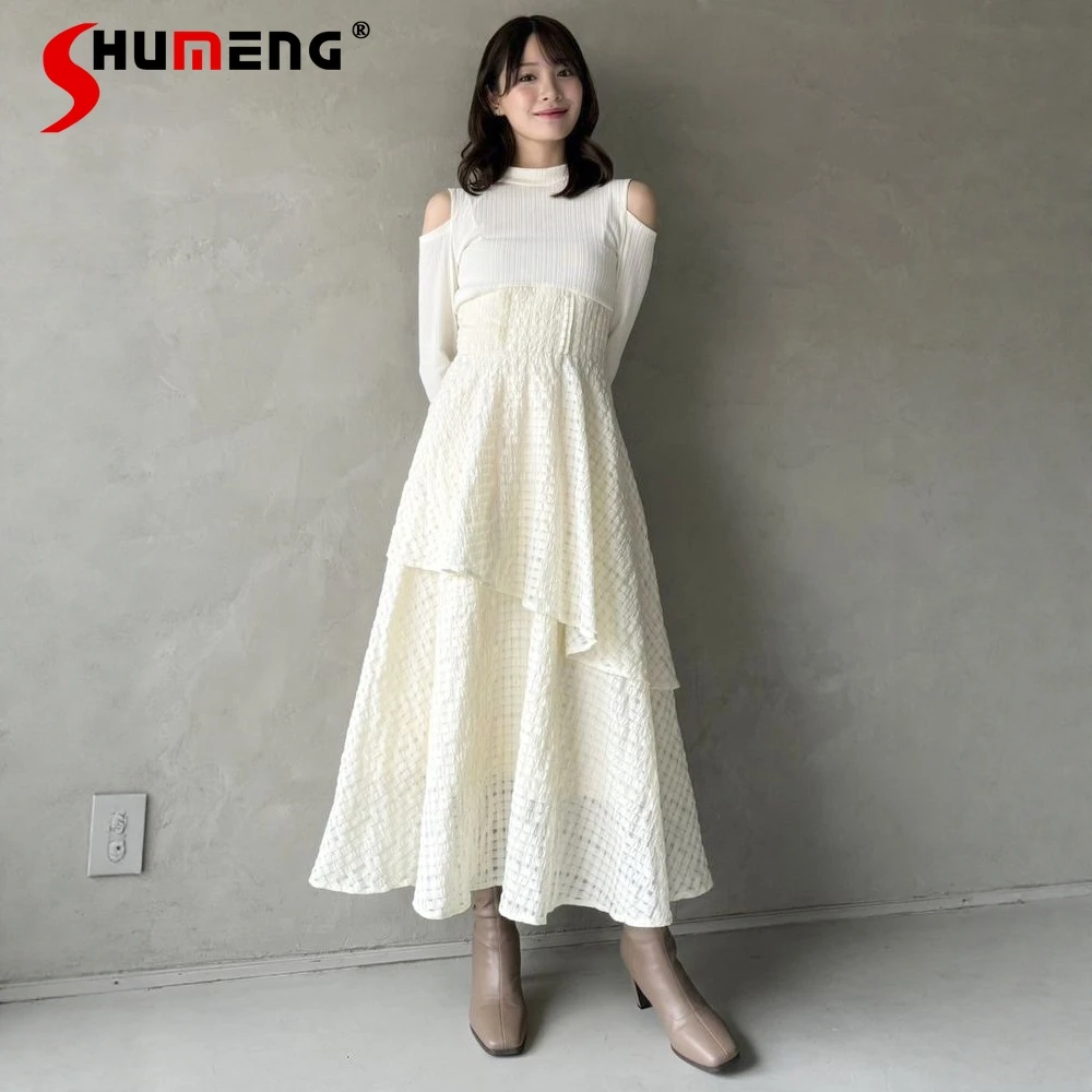 

2025 Autumn New Women's Slim Fit Elegant Long Dress Japanese Style Daily Basic Casual Knit Patchwork Base Long Sleeve Dress