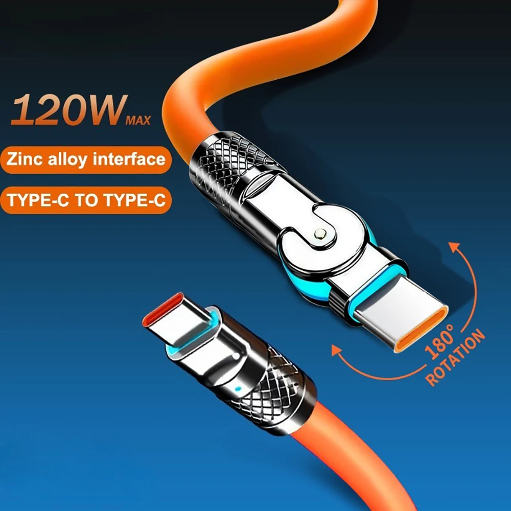 120W 6A USB C To Type C 180° Rotating Elbow Cable Fast Charging PD Data Cord With LED Indicator For Samsung Xiaomi Huawei POCO