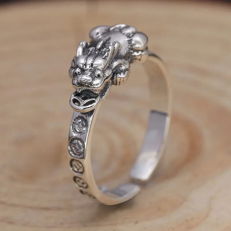 

Real Solid 925 Sterling Silver Band Men Women Lucky Retro Coin Pixiu Open Ring 3.9g