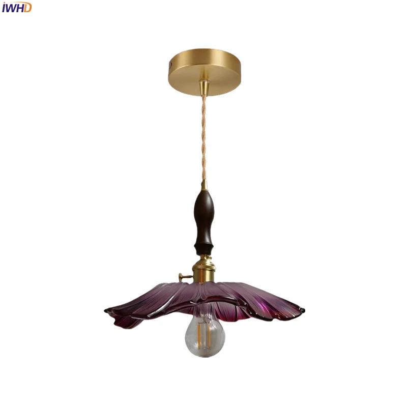 

IWHD Purple Glass LED Pendant Lights Kitchen Island Living Room Bathroom Wood Vintage Copper Hanging Lamp Lighting Luminaire