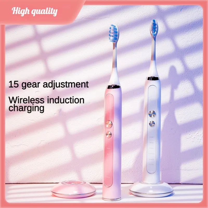 

Wireless Charging Sonic Electric Toothbrush Paired Set Lover Gift Adults Soft Bristle Electronic Cordless Charger Pink and White