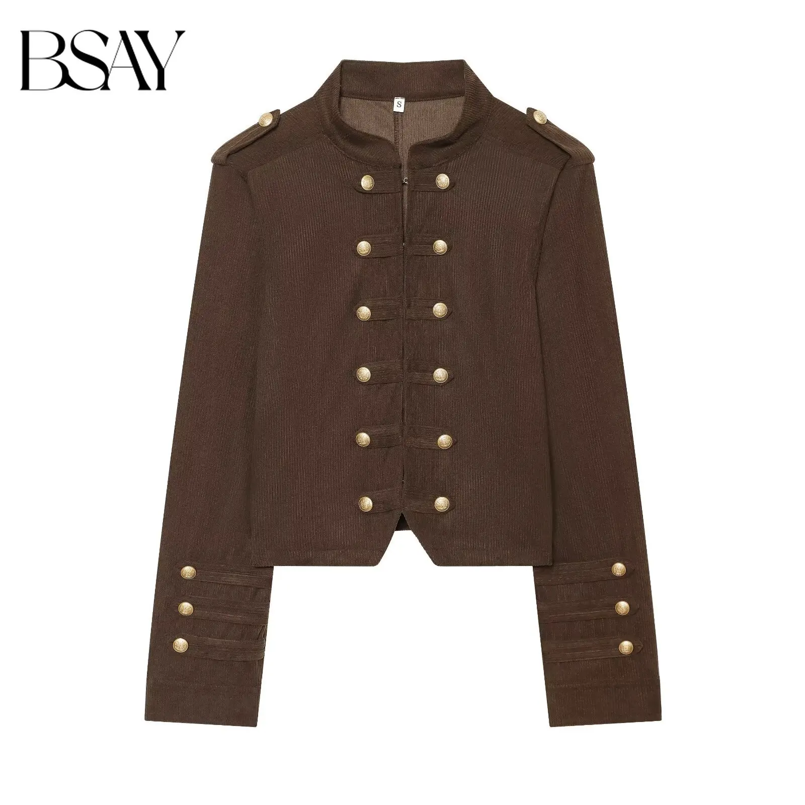 BSAY Cropped Napoleon Military Jacket Women Stand Collar Double Breasted Metal Buttons Corduroy Slim Fitted Vintage Outerwear