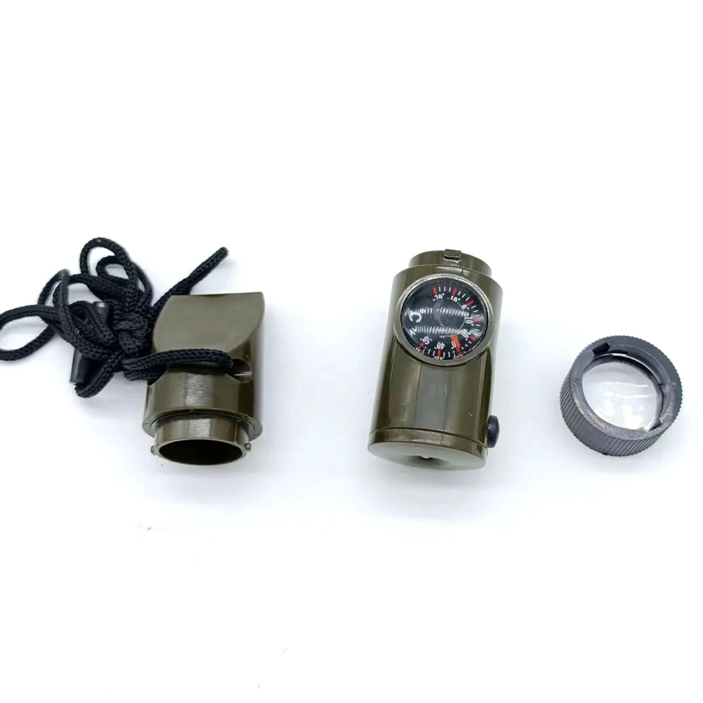 7 in 1 Compass Survival Whistle Multifunctional Thermometer Compass Whistle Magnifier Flashlight High Decibel for Camping Hiking