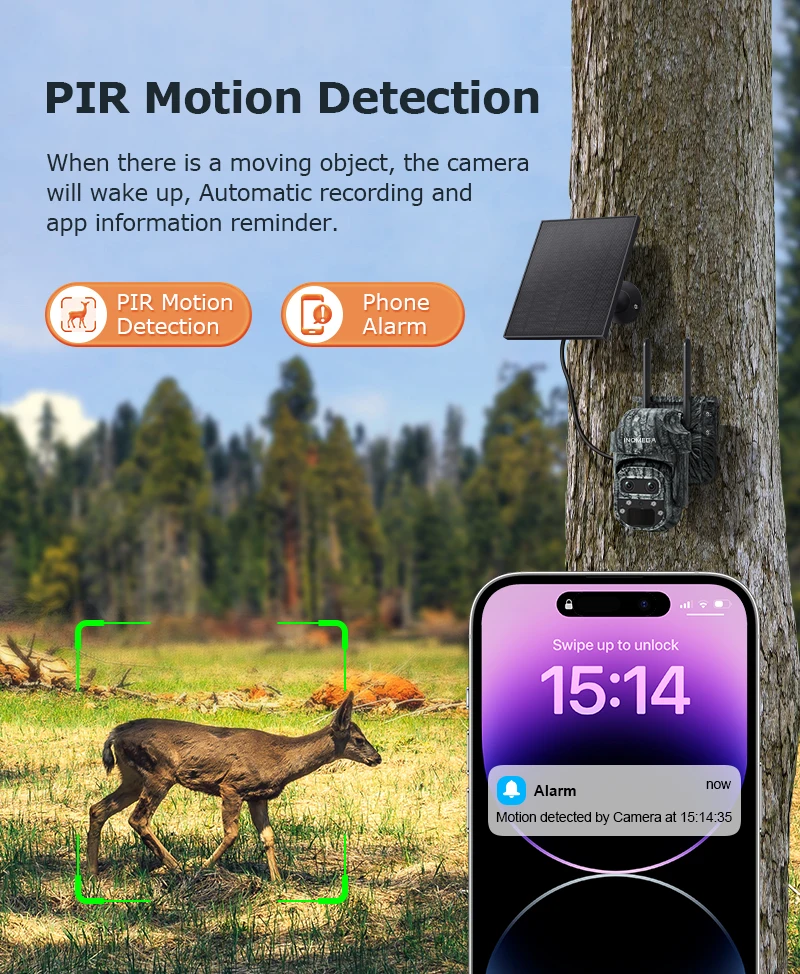 INQMEGA 8MP 4K 12X Zoom Telecamera solare Doppio schermo Esterno 4G/WIFI due lenti Rilevazione PIR Trail Camera Camouflage Foresta Ubox