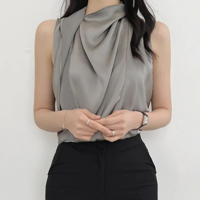 Temperament High Neck Ribbon Satin Glossy Loose Sleeveless Blouse for Women Blusas De Mujer Sexy Tanks Black  Camis Shirts