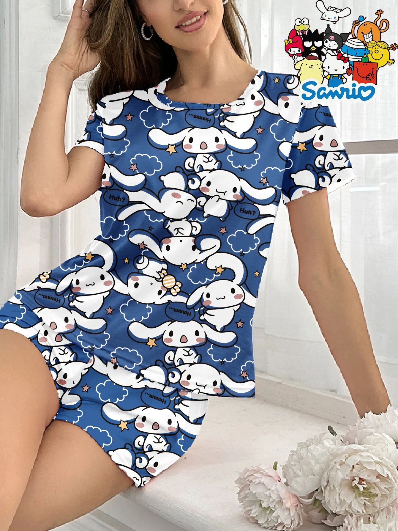 

Серия Sanrio, шорты с короткими рукавами и собакой из нефрита и корицы, повседневные пижамы из молочного шелка с круглым вырезом, комплект одежды для дома