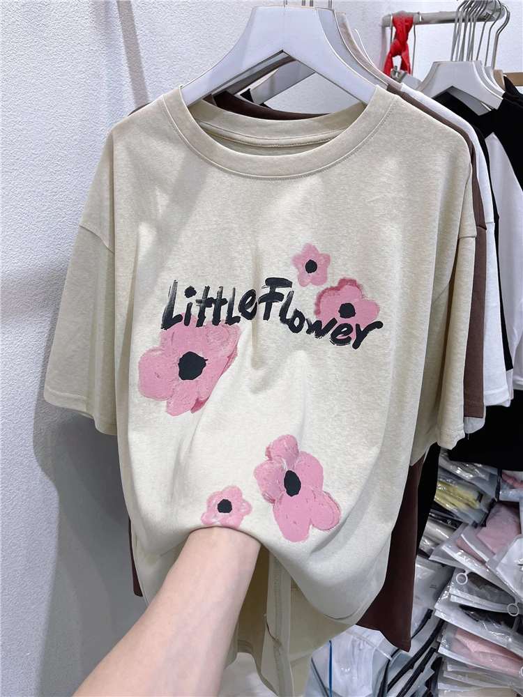 Plus maat 300 Pou Koreaanse Sle Floral Letter Snowflake Cotton Print of Sve T-irt Dames Zomer losse afslanktop