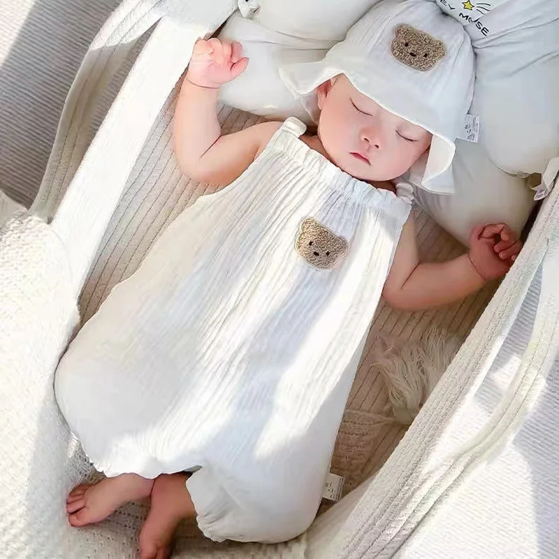 Muslin Baby Jumpsuits Hat Set Bear Baby Summer Clothes Kids Coats White Sun Protection Toddler Outfit Suit Infant Romper 0-3T