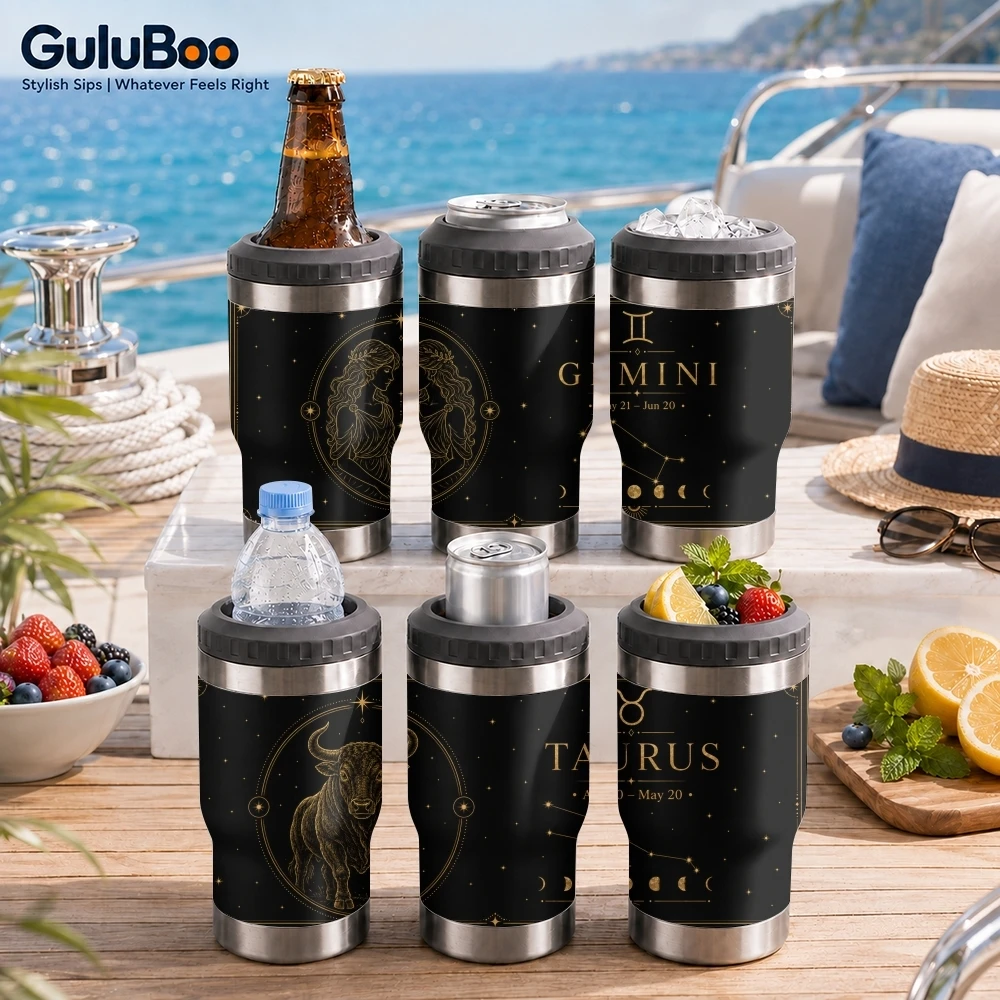1-6 Black Luxury Zodiac Signs 4-in-1 Insulated Can Cooler Cup For Beer Soda Coffee, Stainless Steel Hot Cold Drink Holder Mug