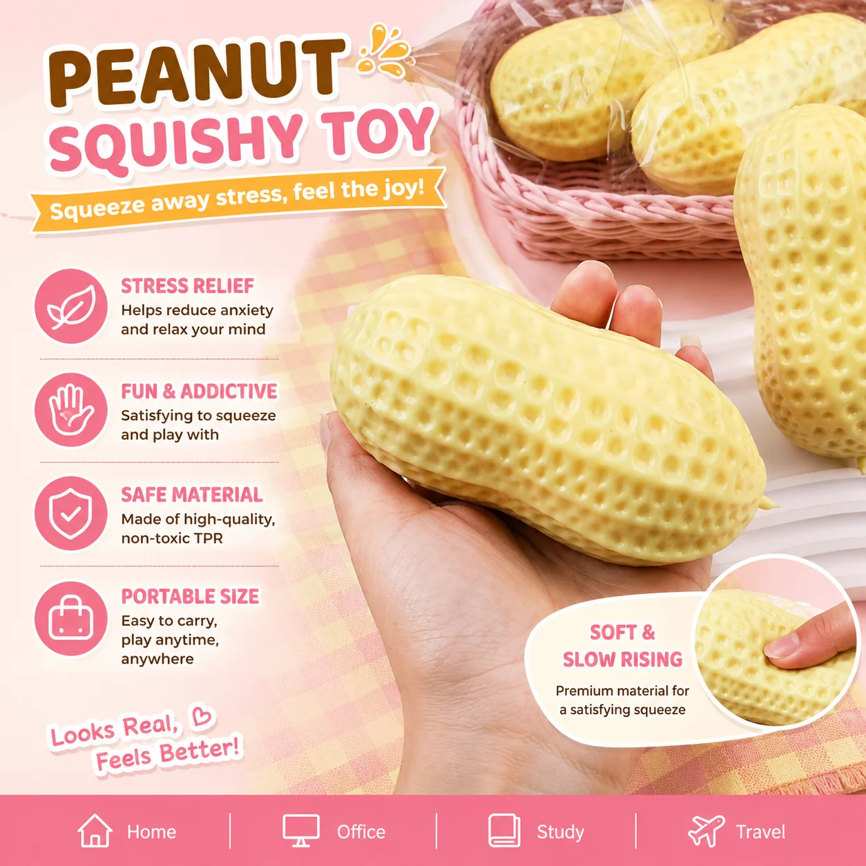 Giant Peanut Shaped Squeeze Stress Relief Toy Soft TPR Squishy Fidget Toy Realistic Texture for Kids Adults Anxiety Relief